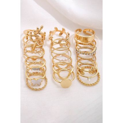 Gold Butterfly Vines Hollowed Heart Geometric 24-piece Ring set