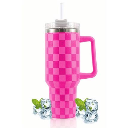 Dark Pink Checkered Print Handled Stainless Steel Tumbler Cup 40oz