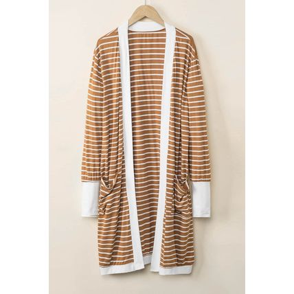 Brown Striped Side Pockets Open Front Cardigan