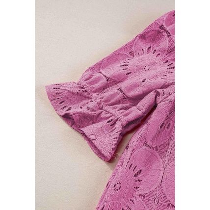 Bright Pink Flower Eyelet Jacquard Keyhole Flounce Sleeve Top