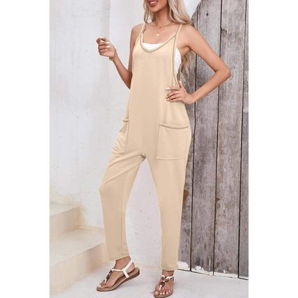 Apricot Side Pockets Harem Pants Sleeveless V Neck Jumpsuit