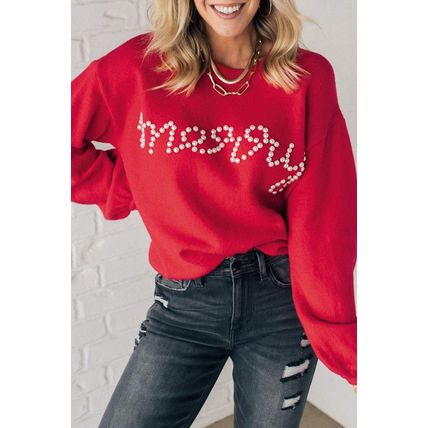 Fiery Red Pearl Beaded Merry Casual Sweater