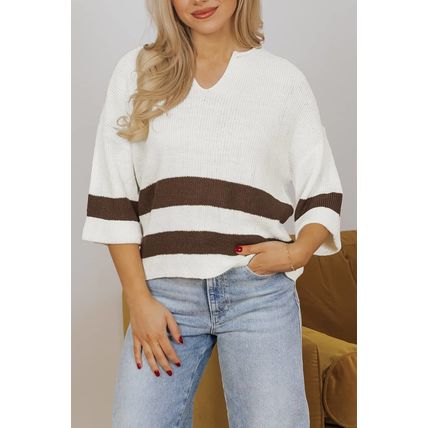 Brown Striped Accent Notched V Neck Cropped Sweater T Shirt