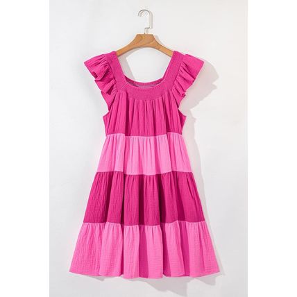 Pink Crinkled Colorblock Patchwork Flutter Tiered Mini Dress
