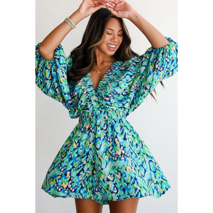 Green Abstract Print Puff Sleeve V Neck High Waist Romper