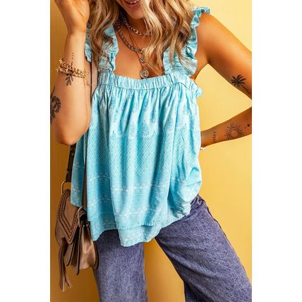 Sky Blue Tribal Pattern Print Ruffled Wide Straps Loose Tank Top