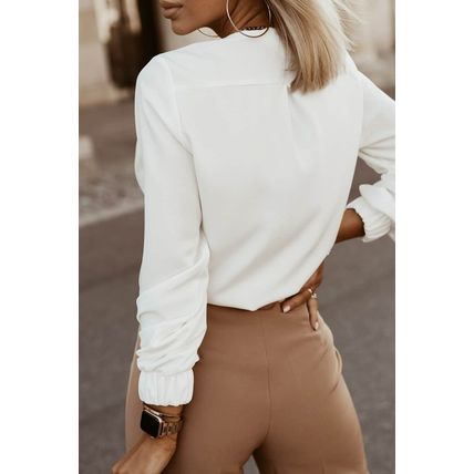 White Crew Neck Gathered Stretch Cuff Shirt