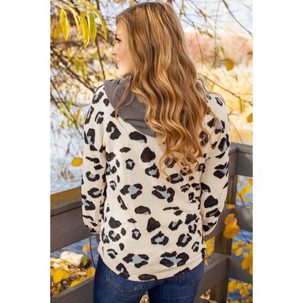 Leopard Print Color Block Pocketed Drawstring Hoodie