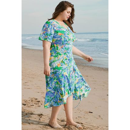 Green Leaves Print Short Sleeve Surplice Neck Ruffled Trim Plus Size Maxi Dress