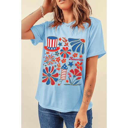 Light Blue America Floral Firework Print 4th of July T Shirt