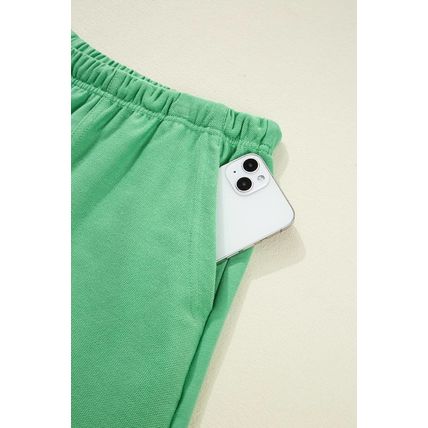 Mint Green Plus Size V Neck Tee Patched Pocket Drawstring Shorts Set