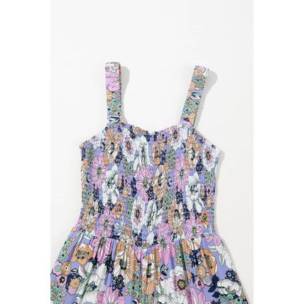 Purple Floral Print Smocked High Waist Square Neck Jumpsuit