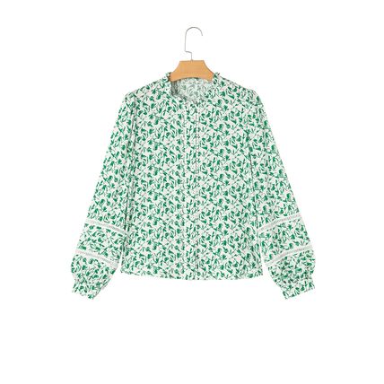 Green Printed Lace Detail Floral Puff Sleeve Fall Shirt