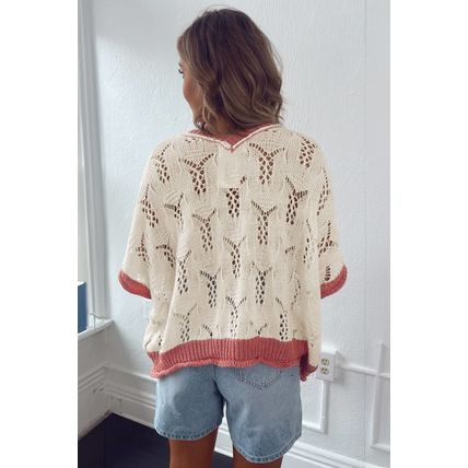 Delicacy Embroidered Flowers Colorblock Edge Hollowed Sweater