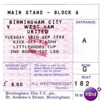 Birmingham City v West Ham 1989/90 League Cup Ticket