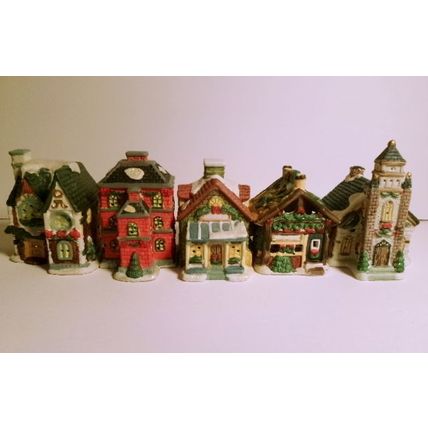 Vintage Lot of 5 Miniature Porcelain Christmas Houses that Light Up