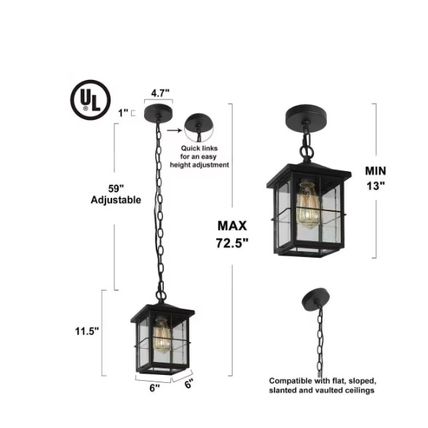 LNC Modern Farmhouse Black Outdoor Lantern 1-Light Pendant w/ Seeded Glass