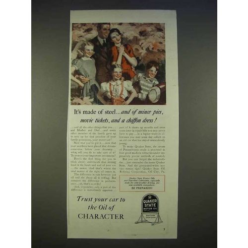 1940 Quaker State Oil Ad - It's Made of Steel, and Pies