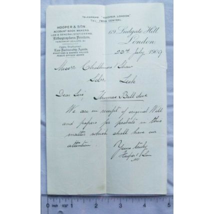 1909 letter Hooper & Son, Ludgate Hill re Thomas Ball
