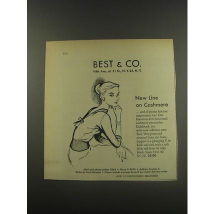 1956 Best & Co. Colebrook Cashmere Sweater Ad - New Line on Cashmere