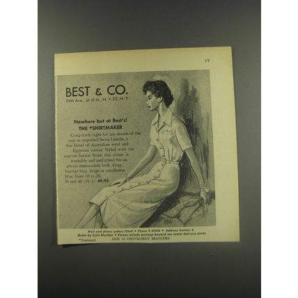 1956 Best & Co. Dress Ad - Nowhere but at Best's! The Shirtmaker