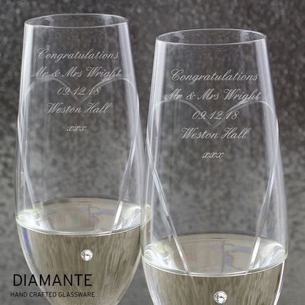 Flutes Diamante hand crafted Wine Glasses heart Wedding anniversary engagement