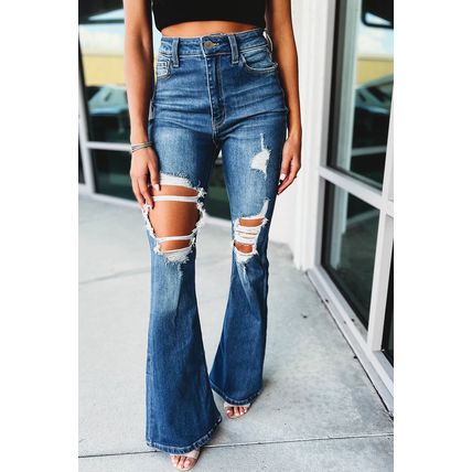 Blue High Waist Distressed Cutout Flare Leg Jeans