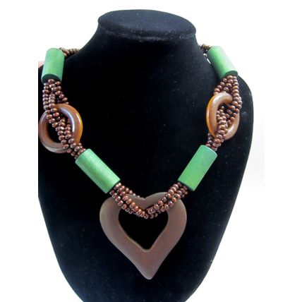 Festival Tribal Long Brown & Green Beaded Monkey Wood Heart Necklace