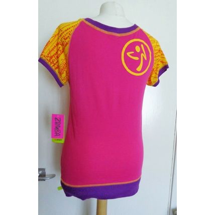 Zumba short sleeved V neck Tee Top Fuchsia Pink multi XS UK 8