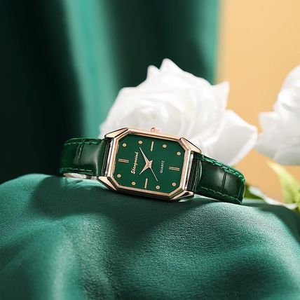 Ladies Green Rectangle Face Steel Back Rose Gold Case Green Leather Strap Watch