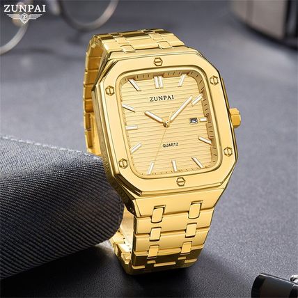 Gents Large Heavy Square Gold Face Date Gold Stainless Steel Bracelet Watch Boxd
