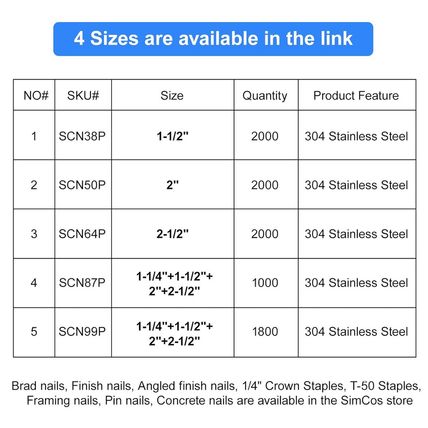 16 Gauge Angled Finish Nails 304 Stainless Steel, (1-1/4", 1-1/2", 2", 2-1/2"),