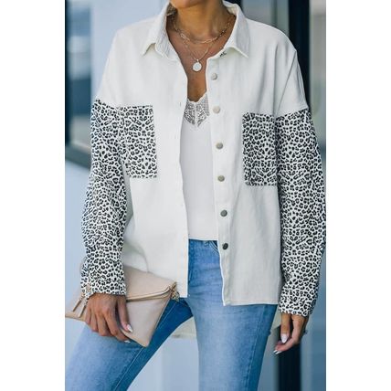 White Contrast Leopard Denim Jacket