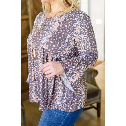 Purple Floral Print Round Neck Plus Size Babydoll Blouse