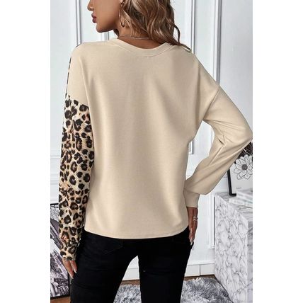 Pale Khaki Leopard Colorblock Waffle Knit Top