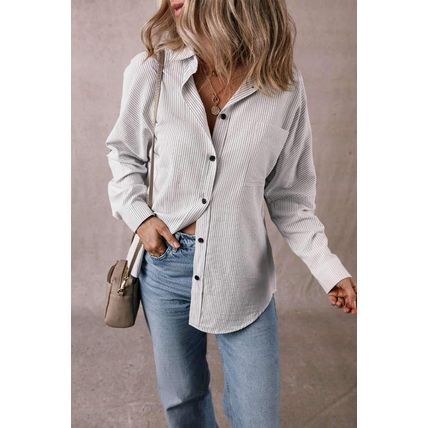 Black Stripe Roll-tab Sleeve Pocketed Long Shirt