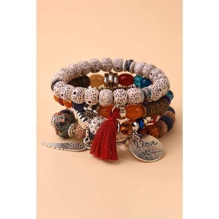 Fiery Red 4pcs Wing Shape Tassel Pendant Beaded Bracelet Set