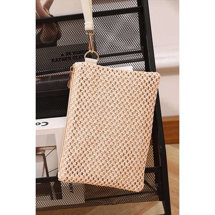 Beige Woven Zipper Wrist Strap Square Handbag