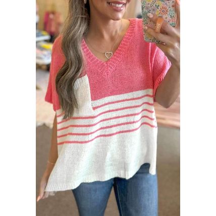 Strawberry Pink Contrast Stripes V Neck Knitted Short Sleeve Top