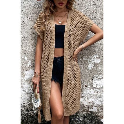 Camel Batwing Sleeve Pointelle Knit Open Front Cardigan