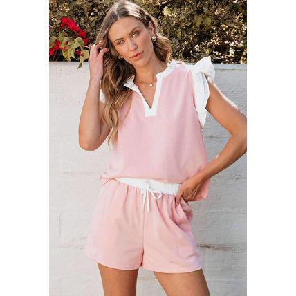 Light Pink Contrast Trim Ruffled Top and Drawstring Shorts Set