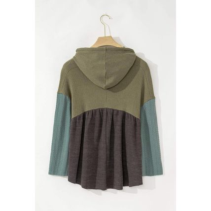 Laurel Green Mixed Textured Colorblock Patchwork Wide Sleeve Frayed High Low Hoo