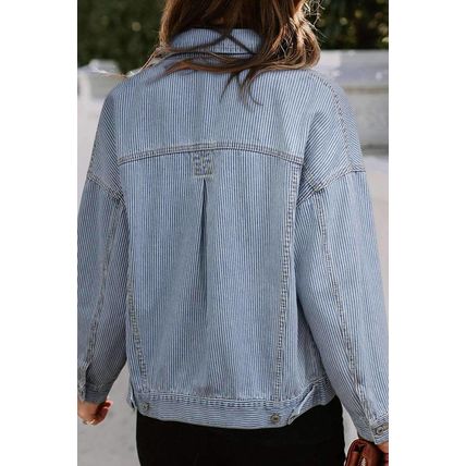 Sky Blue Stripe Washed Oversize Pocketed Denim Jacket
