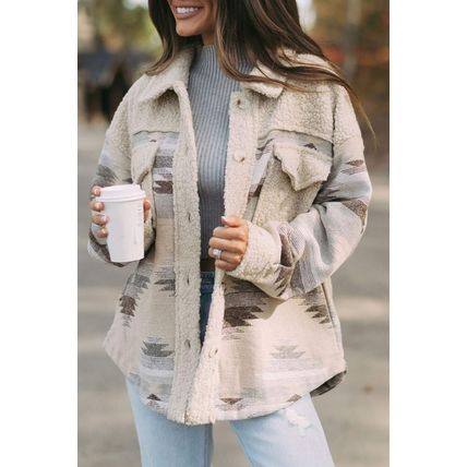 Khaki Western Aztec Print Sherpa Splicing Buttoned Flap Pocket Coat