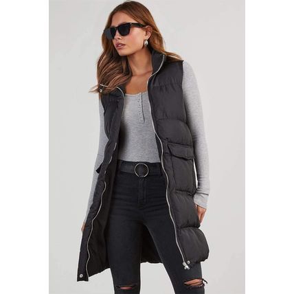 Black Windproof Longline Full Zipper Puffer Vest with Pockets