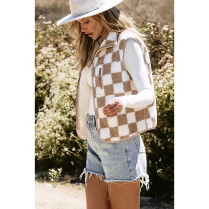 Khaki Checkered Sherpa Collared Jacket Vest