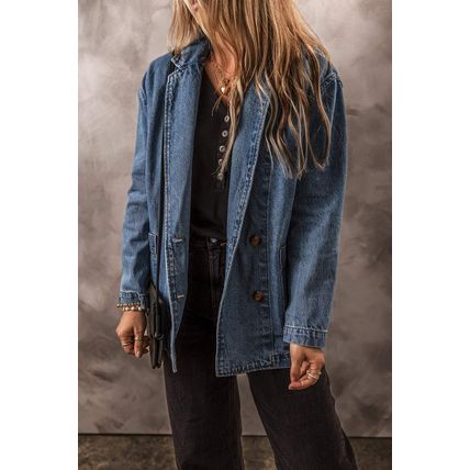 Sail Blue Side Pockets Lapel Collar Denim Jacket