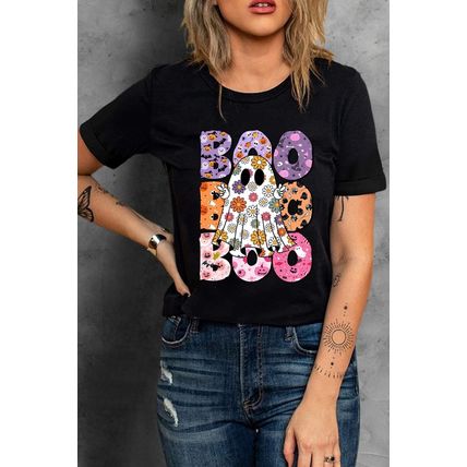Black BOO Floral Ghost Print Crew Neck Halloween T Shirt