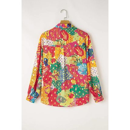 Rose Red Colorblock Abstract Print Button up Loose Shirt