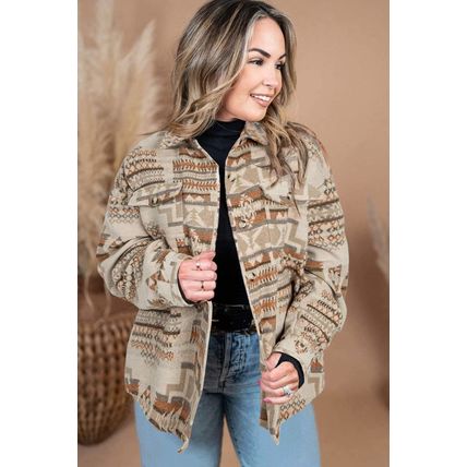 White Aztec Geometric Print Pockets Plus Size Jacket